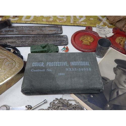 333 - A Quantity of Militaria Including Helmet, Cast Iron Signs, Bosuns Whistle etc