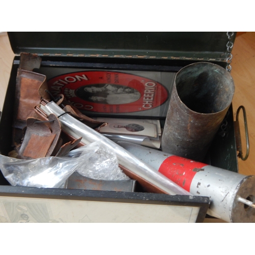 341 - Military Tin Trunk Containing Military Shells, Postcards etc