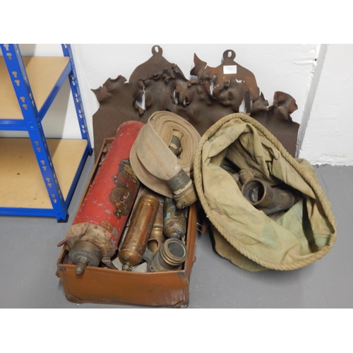 383 - WWII Brass Fire Nozzles, Connectors, Hose reels, Extinguishers etc together with a WWI Cast Iron Bul... 