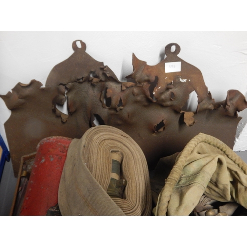 383 - WWII Brass Fire Nozzles, Connectors, Hose reels, Extinguishers etc together with a WWI Cast Iron Bul... 