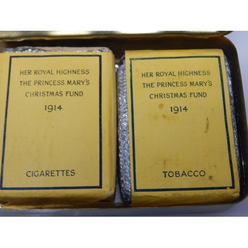 297 - WWI Queen Mary 1915 Christmas Tin Complete with  Cigarettes & Tobacco & Queen Mary Photo Christmas C... 