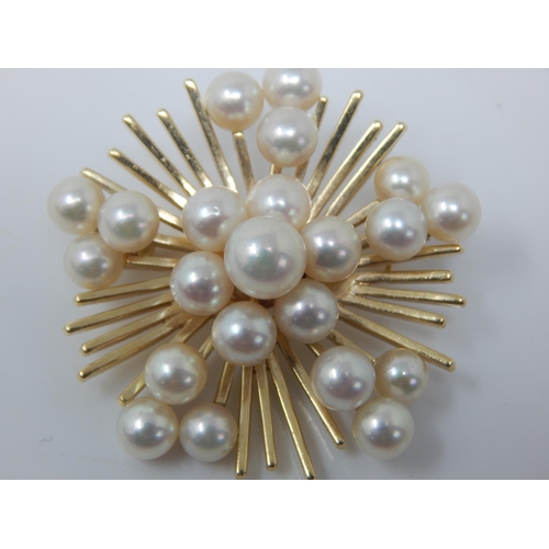 147 - 14ct Gold & Pearl Sunburst Brooch: Makers Mark 