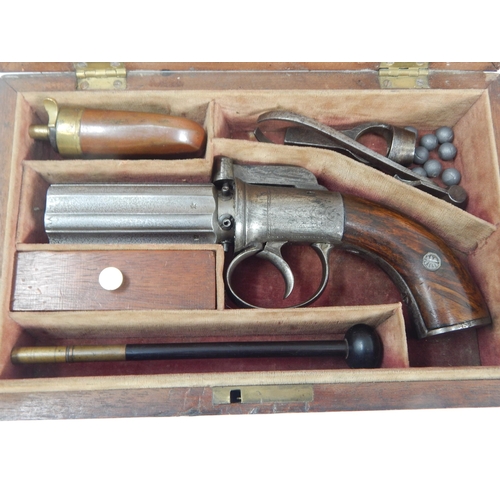 307A - Cased Georgian English 'pepperbox' percussion revolver pistol with six 8cm barrels, each barrel with... 