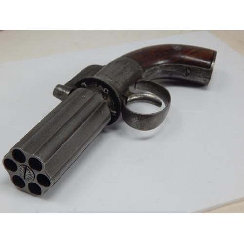 307A - Cased Georgian English 'pepperbox' percussion revolver pistol with six 8cm barrels, each barrel with... 