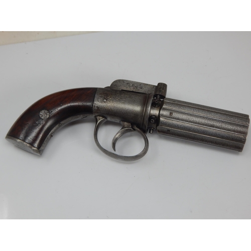 307A - Cased Georgian English 'pepperbox' percussion revolver pistol with six 8cm barrels, each barrel with... 