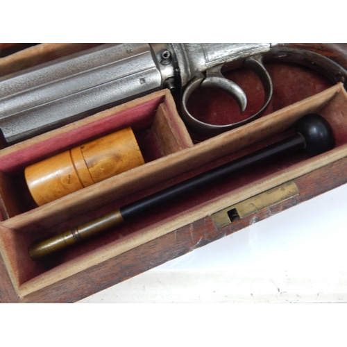 307A - Cased Georgian English 'pepperbox' percussion revolver pistol with six 8cm barrels, each barrel with... 