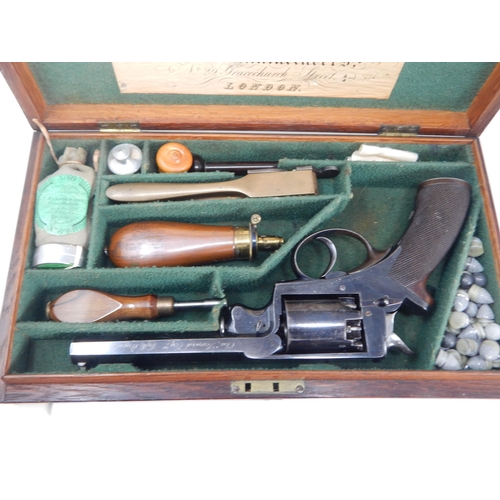 307B - 19th Century English Cased Percussion 6 Shot Revolver with Octagonal Barrel Engraved 