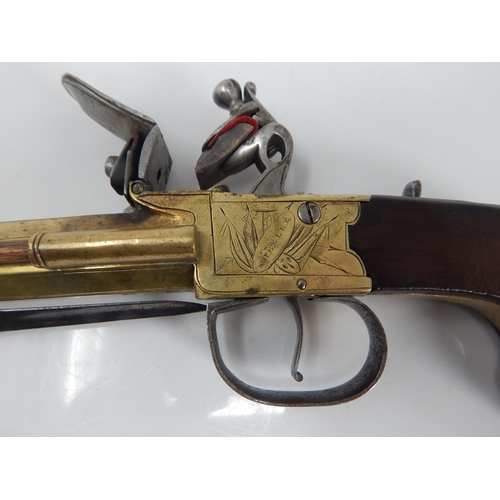 307D - 18th century Wheeler of London flintlock blunderbuss with sprung bayonet pistol, 6.5