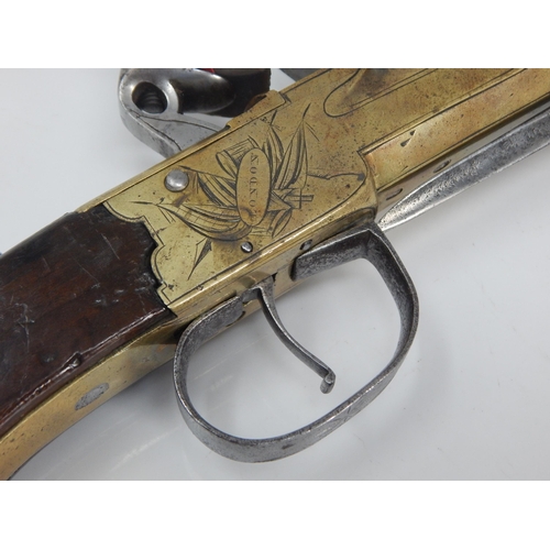 307D - 18th century Wheeler of London flintlock blunderbuss with sprung bayonet pistol, 6.5