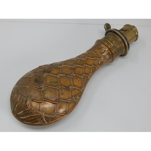 19th Century "Hawksley, Sheffield" Copper Powder Flask. Adjustable Measure 3 1/2oz - 5oz