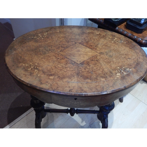 273A - Victorian Oval Walnut Inlaid Sewing Table with Hinged Top Revealing Fitted Interior Sitting on Carve... 