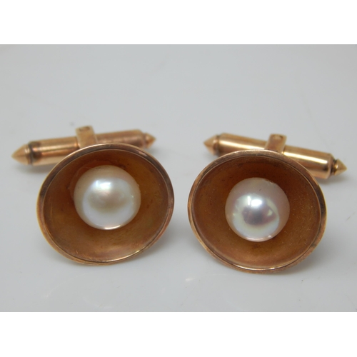 111F - A Pair of 14ct Gold & Pearl Set Cufflinks: Gross weight 6.59g