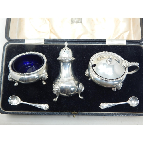 199 - Quality Silver 3 Piece Cruet Set with Spoons & Cobalt Blue Glass Liners in Original Fitted Case: Hal... 