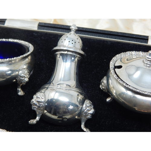 199 - Quality Silver 3 Piece Cruet Set with Spoons & Cobalt Blue Glass Liners in Original Fitted Case: Hal... 