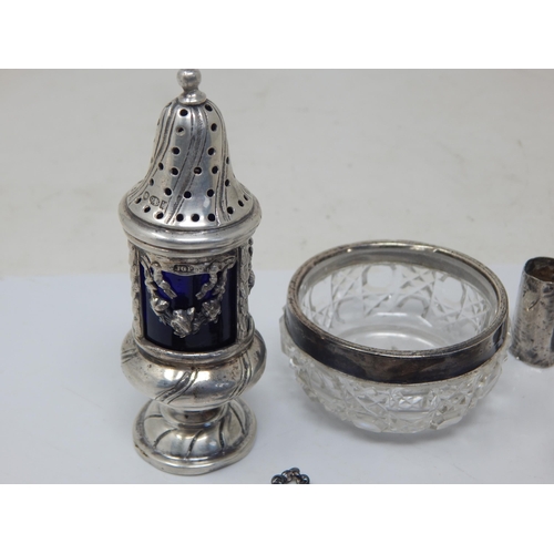 199G - Hallmarked Silver Including a Mustard Pot, Pepperette, Brandy Label, Georgian Sugar Nips etc