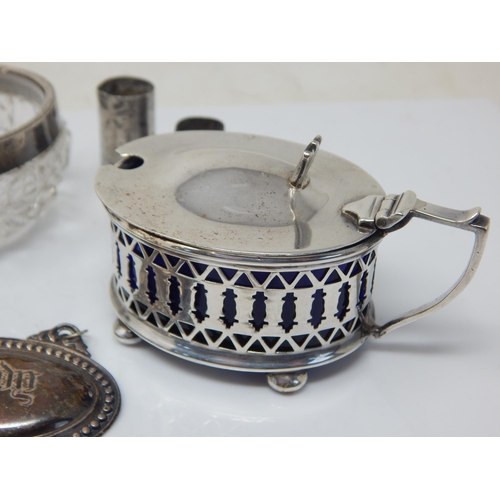 199G - Hallmarked Silver Including a Mustard Pot, Pepperette, Brandy Label, Georgian Sugar Nips etc