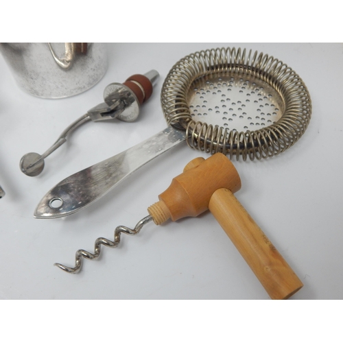 200A - Silver Plated Cocktail Shaker, Strainer, Bottle Pourer, Corkscrews etc