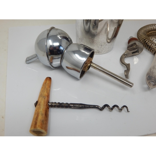 200A - Silver Plated Cocktail Shaker, Strainer, Bottle Pourer, Corkscrews etc