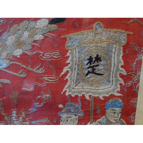 200E - 19th Century Chinese Qing Dynasty Silk Panel embroidered in silks on a red ground depicting four fig... 