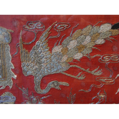 200E - 19th Century Chinese Qing Dynasty Silk Panel embroidered in silks on a red ground depicting four fig... 