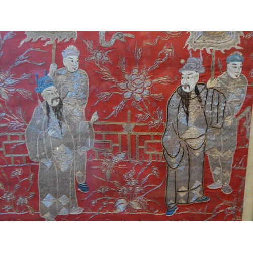 200E - 19th Century Chinese Qing Dynasty Silk Panel embroidered in silks on a red ground depicting four fig... 