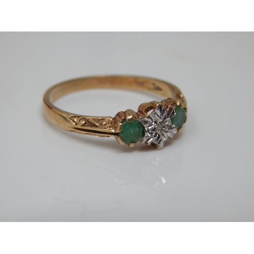 101K - 9ct Gold Diamond & Emerald Ring: Size O: Gross weight 2.13g