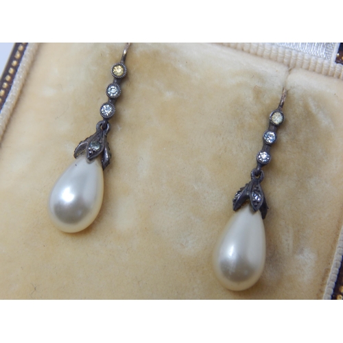 101S - A Pair of Antique Continental Gold & Silver Pearl Drop Earrings in Original Fitted Case.