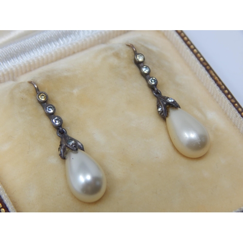 101S - A Pair of Antique Continental Gold & Silver Pearl Drop Earrings in Original Fitted Case.