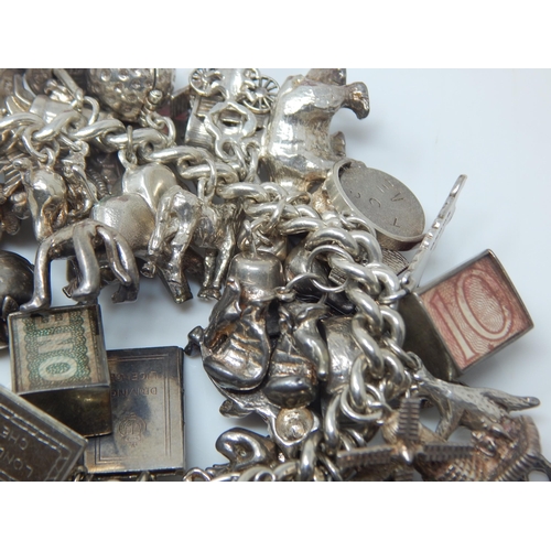 101T - Heavy Silver Charm Bracelet with Numerous Charms: Weight 174g