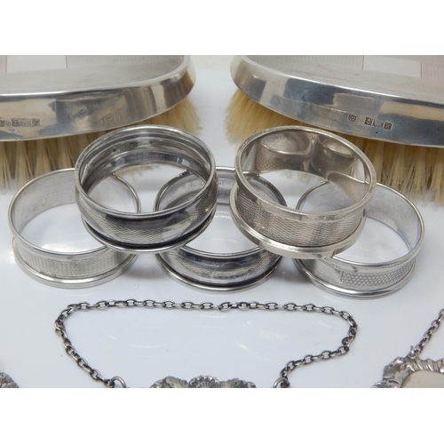 101Z - A Quantity of Hallmarked Silver Including Bottle Labels for Port, Sherry & Brandy: 5 x Napkin Rings ... 