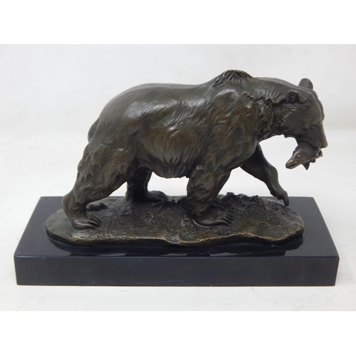 400 - Bronze Figure of a Bear Holding a Fish in its Mouth on Plinth: Signed 