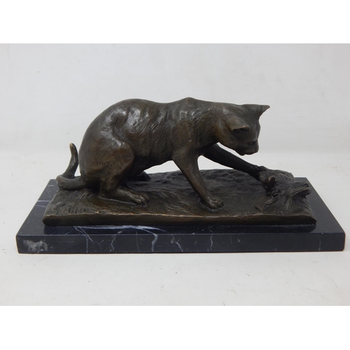 403 - Bronze Figure of a Cat & Butterfly on Plinth: Signed 