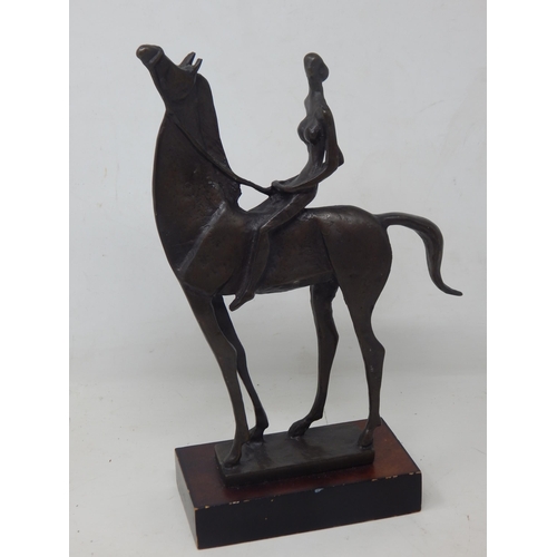 405 - Abstract Bronze Figure of a Horse with Female Rider on Plinth: Height 26.5cm