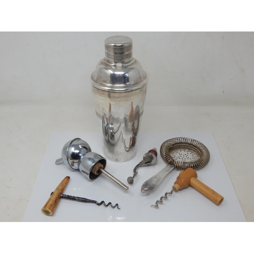 211 - Silver Plated Cocktail Shaker, Strainer, Bottle Pourer, Corkscrews etc