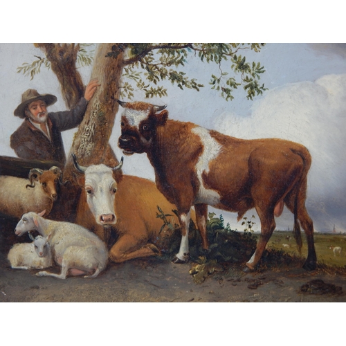 An 18th/19th Century Oil on Board Copy of an Original 17th Century Painting Titled "The Young Bull" by Paulus Potter (1625-1654) Dutch Artist, The Original Hanging in The Hague. Framed Measuring 38cm x 28cm overall