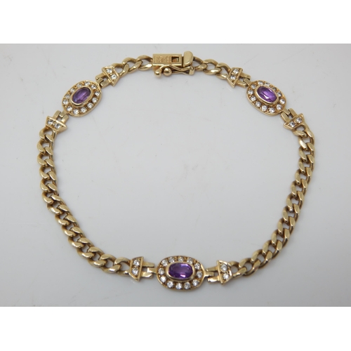 217 - 14ct Gold Bracelet Interlinked  with 3 Diamond & Amethyst Set Panels: Length 19.5cm: Weight 12.1g