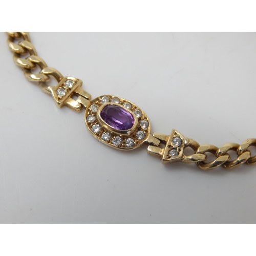 217 - 14ct Gold Bracelet Interlinked  with 3 Diamond & Amethyst Set Panels: Length 19.5cm: Weight 12.1g