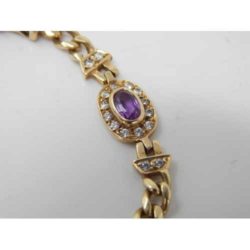 217 - 14ct Gold Bracelet Interlinked  with 3 Diamond & Amethyst Set Panels: Length 19.5cm: Weight 12.1g