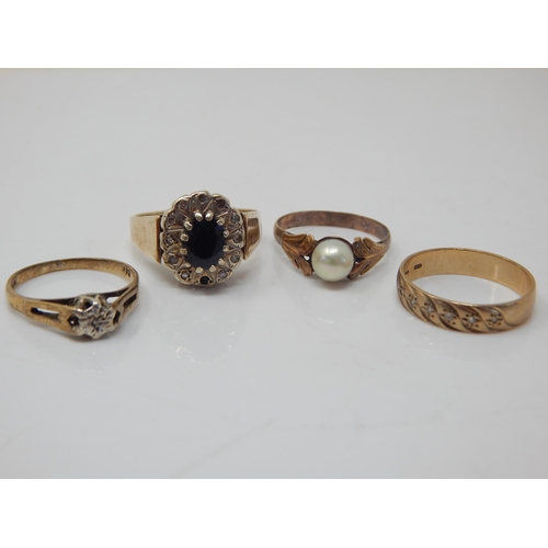 219 - 4 x 9ct Gold Rings: 1. Set with a Sapphire & Diamonds: 2. Set with a Diamond: 3. Set with a Pearl: 4... 