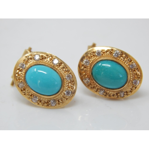 221 - A Pair of 18ct Diamond & Turquoise Set Earrings: Weight 3.2g: