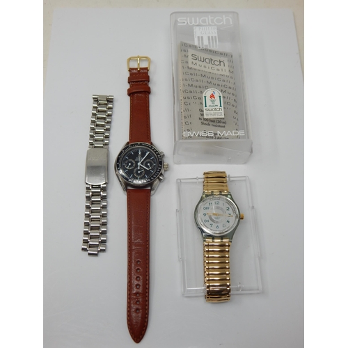 64 - Swatch watch as new in box; Copy Omega Seamaster watch with separate metal strap