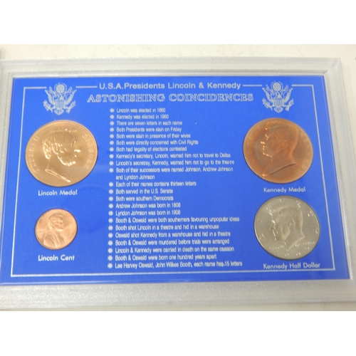 23 - USA Presidents Lincoln and Kennedy set in case, Australia and New Zealand coin pair in pack, China 2... 