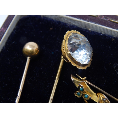 235 - 9ct Gold Turquoise & Seed Pearl Brooch together with a yellow metal locket & 2 yellow metal stick pi... 