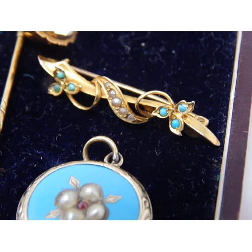 235 - 9ct Gold Turquoise & Seed Pearl Brooch together with a yellow metal locket & 2 yellow metal stick pi... 