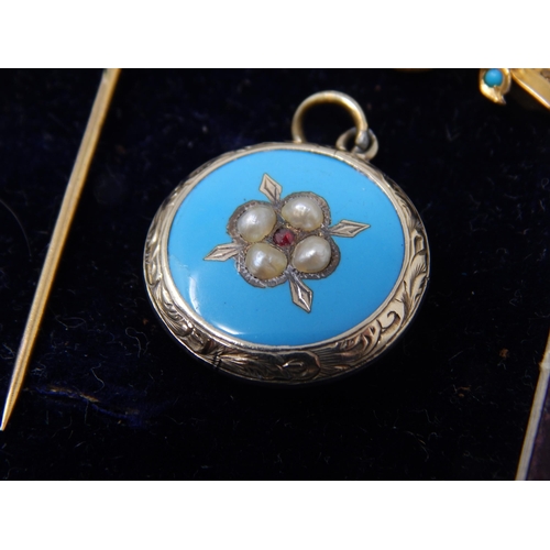 235 - 9ct Gold Turquoise & Seed Pearl Brooch together with a yellow metal locket & 2 yellow metal stick pi... 