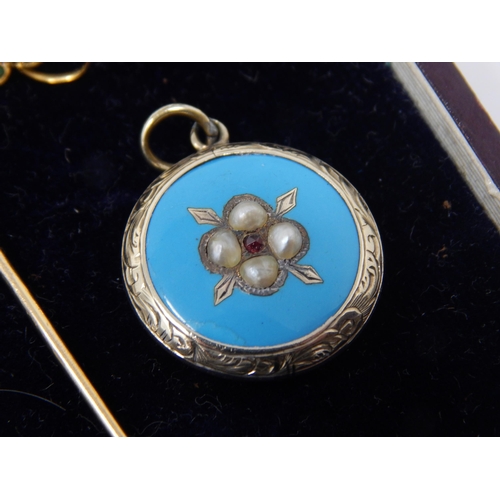 235 - 9ct Gold Turquoise & Seed Pearl Brooch together with a yellow metal locket & 2 yellow metal stick pi... 