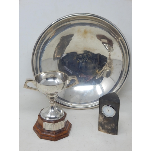 259 - A Silver Hallmarked Challenge Cup Hallmarked London 1933, A large Bowl engraved ABCD and a Clock. Al... 