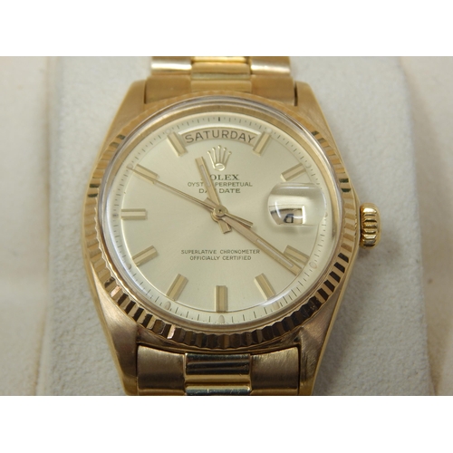 213 - Rolex: Gentleman's 18ct Gold Day Date 36mm Oyster Perpetual Wristwatch on 18ct Gold President Bracel... 