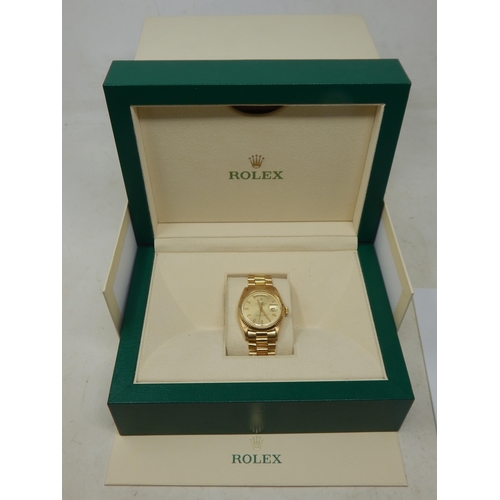 213 - Rolex: Gentleman's 18ct Gold Day Date 36mm Oyster Perpetual Wristwatch on 18ct Gold President Bracel... 