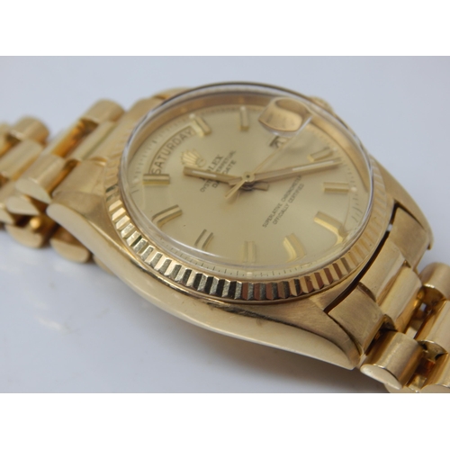 213 - Rolex: Gentleman's 18ct Gold Day Date 36mm Oyster Perpetual Wristwatch on 18ct Gold President Bracel... 